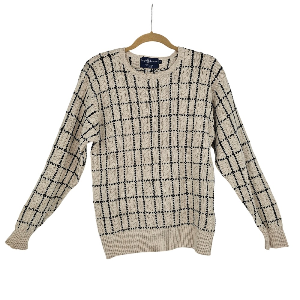 Vintage 90s Ralph‎ Lauren Silk Cable Knit Sweater Mens S Cream Black Grid Preppy
